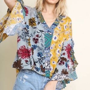 Umgee Boho Top Mix Print Ruffle Sleeve Top Blouse Size L